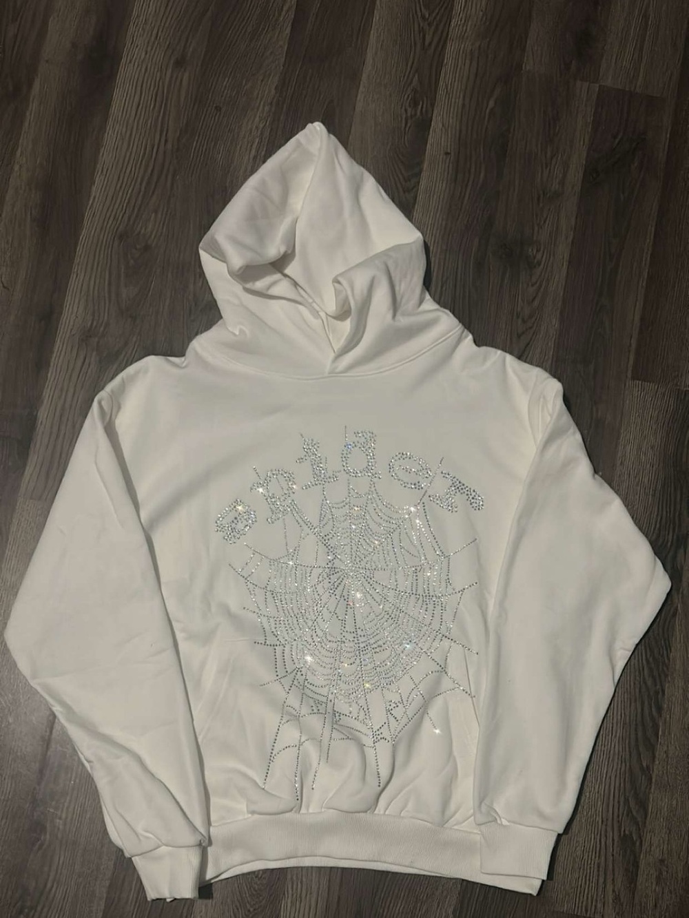 White Crewneck Hoodie with Crystal Spiderweb Design